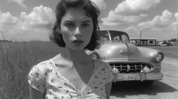 A black and white image captures a serene moment on a dirt road, where a young woman in a stylish dress stands gracefully in front of a vintage car. The woman''s elegant pose exudes confidence and poise, with her short haircut framing her face. The car, with a large hood and sleek design, adds a classic touch to the scene. The sky above is clear with fluffy clouds, creating a picturesque backdrop for this timeless moment. The composition of the image is striking, highlighting the contrast between the woman, the car, and the natural surroundings.