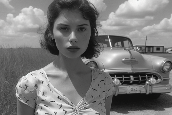 A black and white image captures a serene moment on a dirt road, where a young woman in a stylish dress stands gracefully in front of a vintage car. The woman''s elegant pose exudes confidence and poise, with her short haircut framing her face. The car, with a large hood and sleek design, adds a classic touch to the scene. The sky above is clear with fluffy clouds, creating a picturesque backdrop for this timeless moment. The composition of the image is striking, highlighting the contrast between the woman, the car, and the natural surroundings.