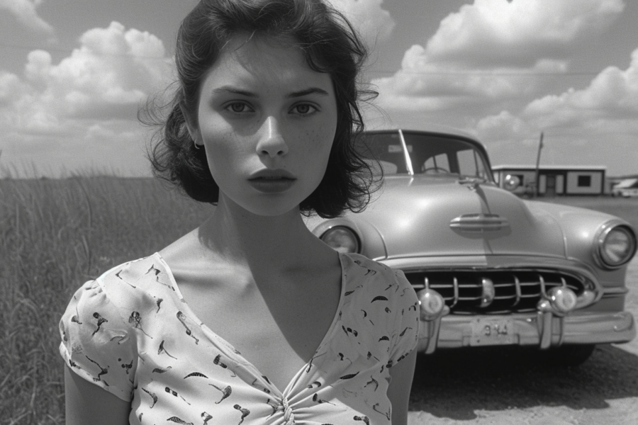 A black and white image captures a serene moment on a dirt road, where a young woman in a stylish dress stands gracefully in front of a vintage car. The woman''s elegant pose exudes confidence and poise, with her short haircut framing her face. The car, with a large hood and sleek design, adds a classic touch to the scene. The sky above is clear with fluffy clouds, creating a picturesque backdrop for this timeless moment. The composition of the image is striking, highlighting the contrast between the woman, the car, and the natural surroundings.