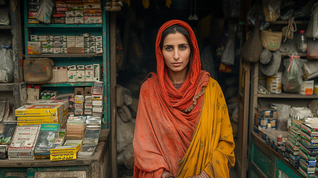 In this image, a woman is standing in front of a store wearing a vibrant red and yellow scarf. She is holding a handbag with a picture of a woman on it. The store behind her seems to be selling a variety of items, including books, as there is a desk with a bunch of books on it. There is also a cabinet or shelf with a cat sitting on it. The woman appears to be in her early thirties and is clearly the main focus of the image. The color palette of the scene includes shades of brown, black, and orange. Overall, the image conveys a cozy and colorful atmosphere with a hint of whimsy.