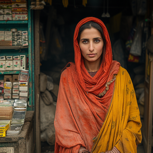 In this image, a woman is standing in front of a store wearing a vibrant red and yellow scarf. She is holding a handbag with a picture of a woman on it. The store behind her seems to be selling a variety of items, including books, as there is a desk with a bunch of books on it. There is also a cabinet or shelf with a cat sitting on it. The woman appears to be in her early thirties and is clearly the main focus of the image. The color palette of the scene includes shades of brown, black, and orange. Overall, the image conveys a cozy and colorful atmosphere with a hint of whimsy.