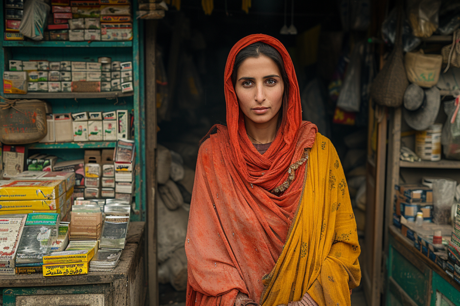 In this image, a woman is standing in front of a store wearing a vibrant red and yellow scarf. She is holding a handbag with a picture of a woman on it. The store behind her seems to be selling a variety of items, including books, as there is a desk with a bunch of books on it. There is also a cabinet or shelf with a cat sitting on it. The woman appears to be in her early thirties and is clearly the main focus of the image. The color palette of the scene includes shades of brown, black, and orange. Overall, the image conveys a cozy and colorful atmosphere with a hint of whimsy.
