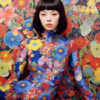 A 23-year-old female is depicted in the image, wearing a vibrant and colorful dress while seated in front of a floral wallpaper. The woman''s outfit features a colorful floral bodysuit with a predominantly blue background. Her attire also includes a red hair accessory, adding to the overall colorful and lively aesthetic of the scene. The woman is captured in a relaxed pose, exuding a sense of calm and comfort. The background showcases a variety of flowers in a vase, enhancing the floral theme of the setting. The color palette of the image consists of shades of brown, grey, and pink, with accents of blue and red.