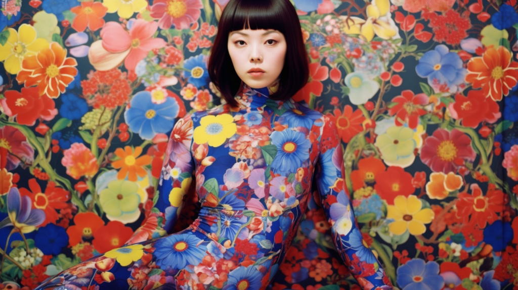 A 23-year-old female is depicted in the image, wearing a vibrant and colorful dress while seated in front of a floral wallpaper. The woman''s outfit features a colorful floral bodysuit with a predominantly blue background. Her attire also includes a red hair accessory, adding to the overall colorful and lively aesthetic of the scene. The woman is captured in a relaxed pose, exuding a sense of calm and comfort. The background showcases a variety of flowers in a vase, enhancing the floral theme of the setting. The color palette of the image consists of shades of brown, grey, and pink, with accents of blue and red.