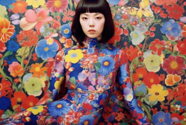 A 23-year-old female is depicted in the image, wearing a vibrant and colorful dress while seated in front of a floral wallpaper. The woman''s outfit features a colorful floral bodysuit with a predominantly blue background. Her attire also includes a red hair accessory, adding to the overall colorful and lively aesthetic of the scene. The woman is captured in a relaxed pose, exuding a sense of calm and comfort. The background showcases a variety of flowers in a vase, enhancing the floral theme of the setting. The color palette of the image consists of shades of brown, grey, and pink, with accents of blue and red.
