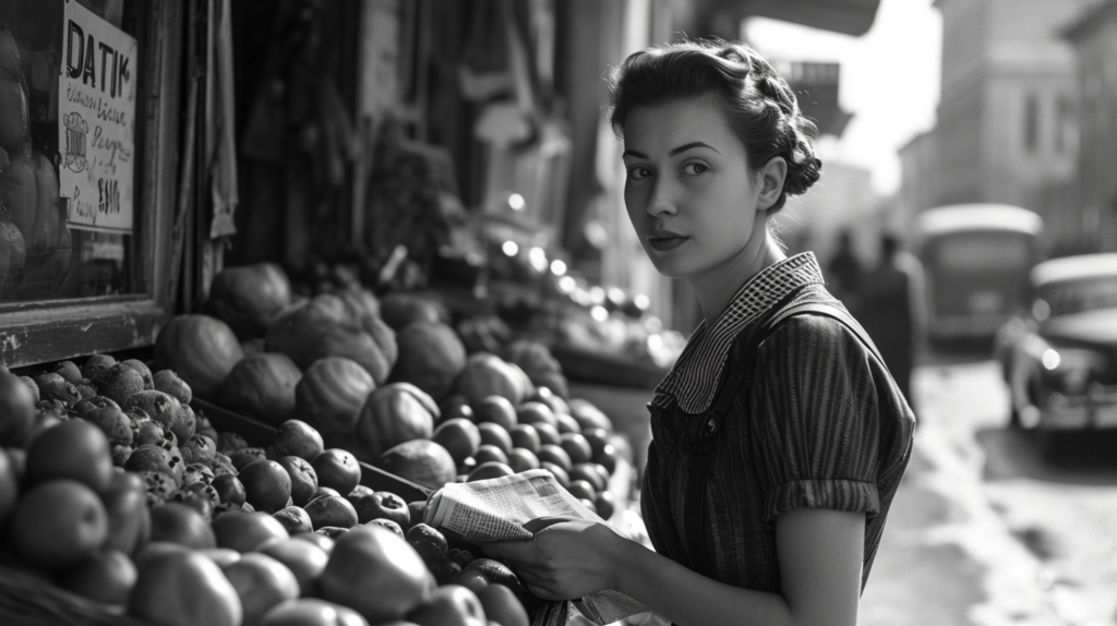 A black and white photo captures a woman standing in front of a fruit stand at a market. The woman, estimated to be around 24 years old, is wearing a dress and is holding a basket of apples. In the background, there is a car parked next to the fruit stand. Another person is also visible in the scene. The woman''s image is clear, while the other person is slightly blurry. The market setting is bustling with activity, with various fruits and vegetables on display. The overall atmosphere is vibrant and lively, with a mix of black, white, and gray tones dominating the image.