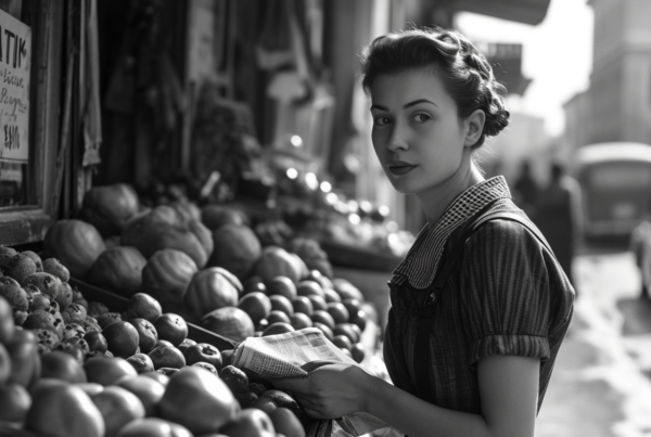 A black and white photo captures a woman standing in front of a fruit stand at a market. The woman, estimated to be around 24 years old, is wearing a dress and is holding a basket of apples. In the background, there is a car parked next to the fruit stand. Another person is also visible in the scene. The woman''s image is clear, while the other person is slightly blurry. The market setting is bustling with activity, with various fruits and vegetables on display. The overall atmosphere is vibrant and lively, with a mix of black, white, and gray tones dominating the image.