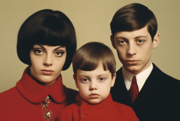 In the image, we see a group consisting of a man, two women, and a child. The man is wearing a white shirt, black pants, and a red tie. He appears to be in his mid-twenties. One of the women is wearing a red coat and a gold and white brooch, along with a gold necklace. She seems to be in her late twenties. The other woman is wearing a pose, possibly a neckband, and a red shirt. The child, who looks to be around five years old, is dressed in a red outfit. The group is posing for a photo, creating a family portrait scene.