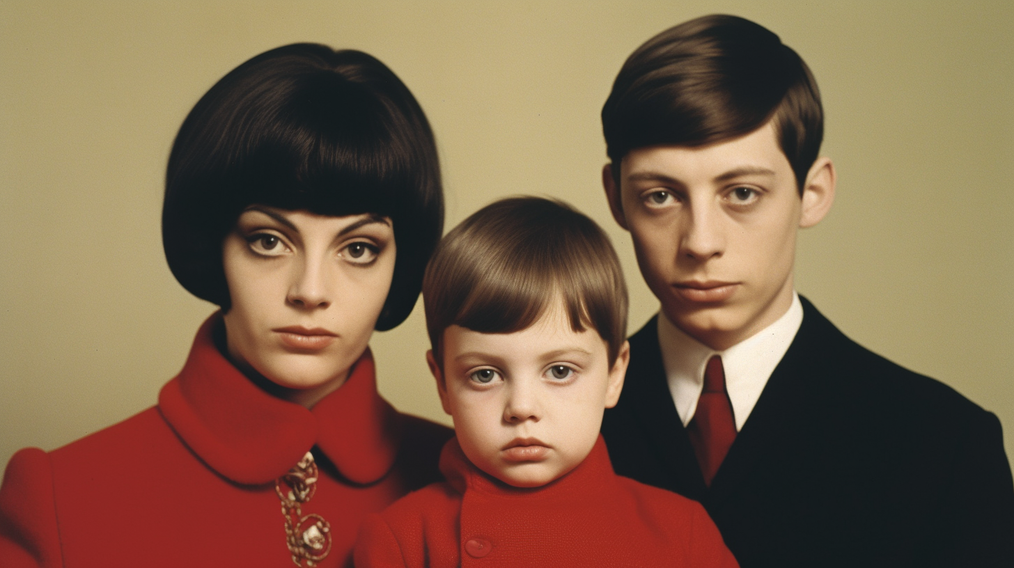 In the image, we see a group consisting of a man, two women, and a child. The man is wearing a white shirt, black pants, and a red tie. He appears to be in his mid-twenties. One of the women is wearing a red coat and a gold and white brooch, along with a gold necklace. She seems to be in her late twenties. The other woman is wearing a pose, possibly a neckband, and a red shirt. The child, who looks to be around five years old, is dressed in a red outfit. The group is posing for a photo, creating a family portrait scene.