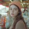 In the image, a young woman is seen inside a store, holding a soda in her hand. She is wearing a red sweater and a pink knit hat. The woman''s face is visible, appearing to be around 19 years old. Additionally, there is a cup with a straw on the counter, and it seems to contain a Coca Cola drink. The background consists of shelves with various items for sale. The overall color palette includes shades of green, brown, and white. The setting suggests a casual and cozy atmosphere, perfect for grabbing a drink while shopping.