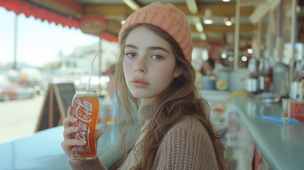 In the image, a young woman is seen inside a store, holding a soda in her hand. She is wearing a red sweater and a pink knit hat. The woman''s face is visible, appearing to be around 19 years old. Additionally, there is a cup with a straw on the counter, and it seems to contain a Coca Cola drink. The background consists of shelves with various items for sale. The overall color palette includes shades of green, brown, and white. The setting suggests a casual and cozy atmosphere, perfect for grabbing a drink while shopping.