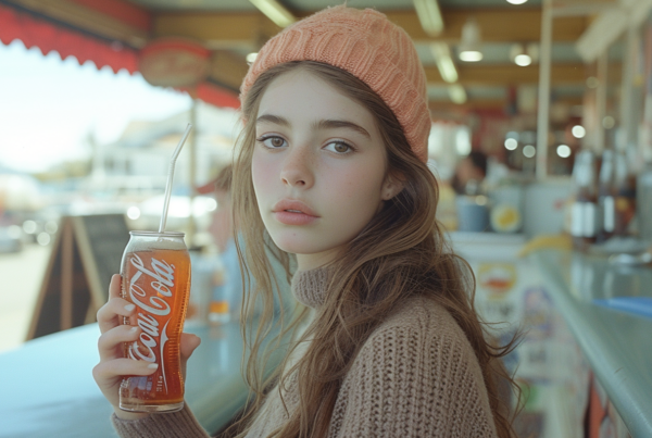 In the image, a young woman is seen inside a store, holding a soda in her hand. She is wearing a red sweater and a pink knit hat. The woman''s face is visible, appearing to be around 19 years old. Additionally, there is a cup with a straw on the counter, and it seems to contain a Coca Cola drink. The background consists of shelves with various items for sale. The overall color palette includes shades of green, brown, and white. The setting suggests a casual and cozy atmosphere, perfect for grabbing a drink while shopping.