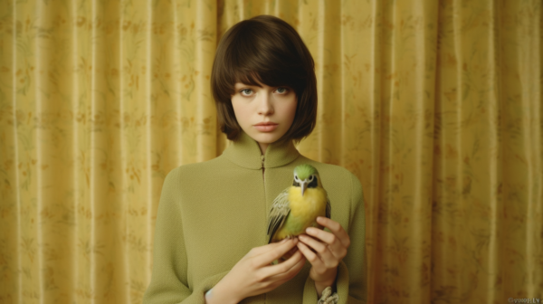 In this image, we see a woman holding a bird in her hands. The woman has long brown hair and is wearing a black top. The bird is a yellow and green parrot with a black beak. The woman is standing in front of a curtain. Additionally, there is a banana on a table in the background. The woman''s face is visible and she appears to be in her mid-twenties. The setting seems to be indoors. The woman''s expression is not visible, but she seems to be gently holding the bird. Overall, the image captures a peaceful and gentle moment between the woman and the bird.