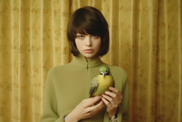 In this image, we see a woman holding a bird in her hands. The woman has long brown hair and is wearing a black top. The bird is a yellow and green parrot with a black beak. The woman is standing in front of a curtain. Additionally, there is a banana on a table in the background. The woman''s face is visible and she appears to be in her mid-twenties. The setting seems to be indoors. The woman''s expression is not visible, but she seems to be gently holding the bird. Overall, the image captures a peaceful and gentle moment between the woman and the bird.