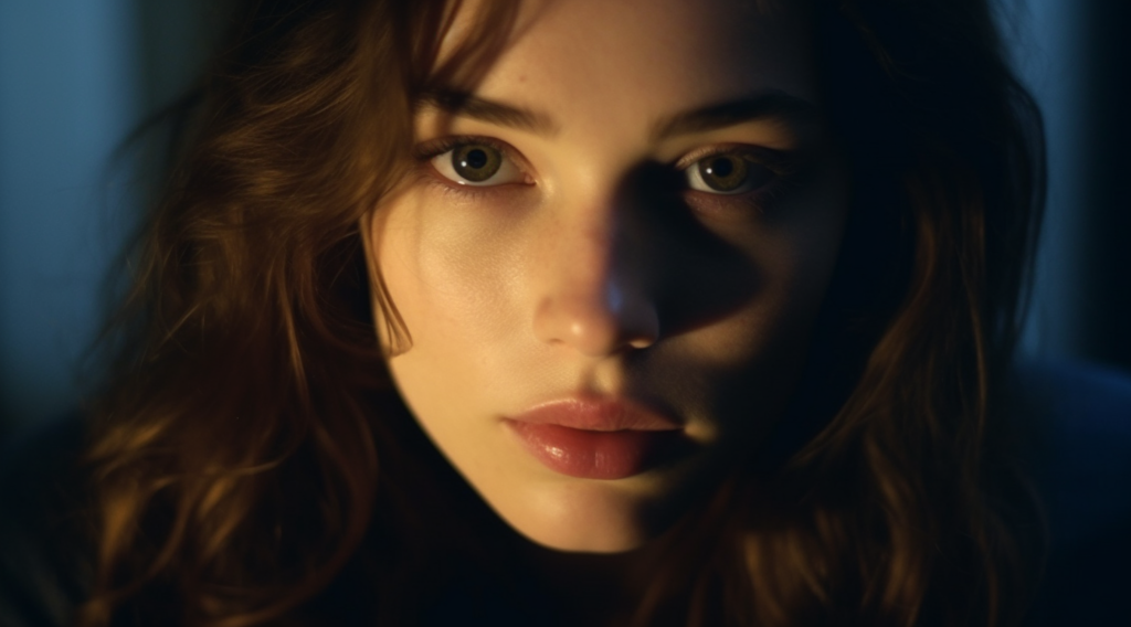 A close-up image of a young woman with long red hair, staring directly at the camera. She is wearing a black shirt and has striking brown eyes that stand out in the image. The photo is well-lit, emphasizing the warmth of her hair color and the intensity of her gaze. The woman appears to be in her early twenties, with a feminine appearance. The background is blurred, drawing all attention to her face. The overall mood of the image is calm and captivating, with a focus on the woman''s unique features and captivating presence.