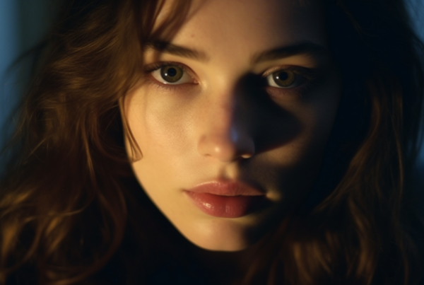 A close-up image of a young woman with long red hair, staring directly at the camera. She is wearing a black shirt and has striking brown eyes that stand out in the image. The photo is well-lit, emphasizing the warmth of her hair color and the intensity of her gaze. The woman appears to be in her early twenties, with a feminine appearance. The background is blurred, drawing all attention to her face. The overall mood of the image is calm and captivating, with a focus on the woman''s unique features and captivating presence.
