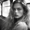 In this image, a young woman with long hair is seen sitting on a bus. She is wearing a sweater and appears to be looking out of the window. The image is in black and white, adding a nostalgic and classic feel to the scene. The woman is the main focus of the image, with a chair also visible in the background. The overall atmosphere is calm and serene, capturing a moment of contemplation during a bus ride. The woman''s face is not clearly visible due to the angle of the shot. The composition and lighting create a captivating and introspective mood.