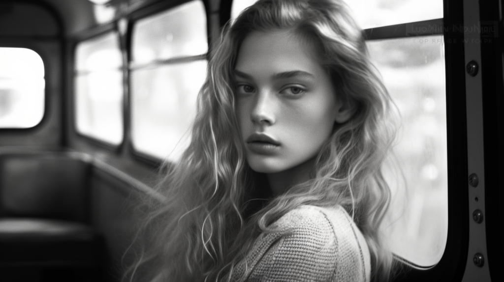 In this image, a young woman with long hair is seen sitting on a bus. She is wearing a sweater and appears to be looking out of the window. The image is in black and white, adding a nostalgic and classic feel to the scene. The woman is the main focus of the image, with a chair also visible in the background. The overall atmosphere is calm and serene, capturing a moment of contemplation during a bus ride. The woman''s face is not clearly visible due to the angle of the shot. The composition and lighting create a captivating and introspective mood.