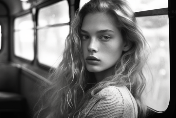 In this image, a young woman with long hair is seen sitting on a bus. She is wearing a sweater and appears to be looking out of the window. The image is in black and white, adding a nostalgic and classic feel to the scene. The woman is the main focus of the image, with a chair also visible in the background. The overall atmosphere is calm and serene, capturing a moment of contemplation during a bus ride. The woman''s face is not clearly visible due to the angle of the shot. The composition and lighting create a captivating and introspective mood.