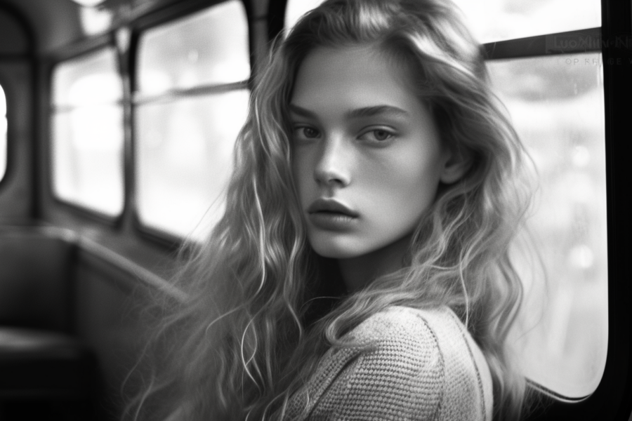 In this image, a young woman with long hair is seen sitting on a bus. She is wearing a sweater and appears to be looking out of the window. The image is in black and white, adding a nostalgic and classic feel to the scene. The woman is the main focus of the image, with a chair also visible in the background. The overall atmosphere is calm and serene, capturing a moment of contemplation during a bus ride. The woman''s face is not clearly visible due to the angle of the shot. The composition and lighting create a captivating and introspective mood.