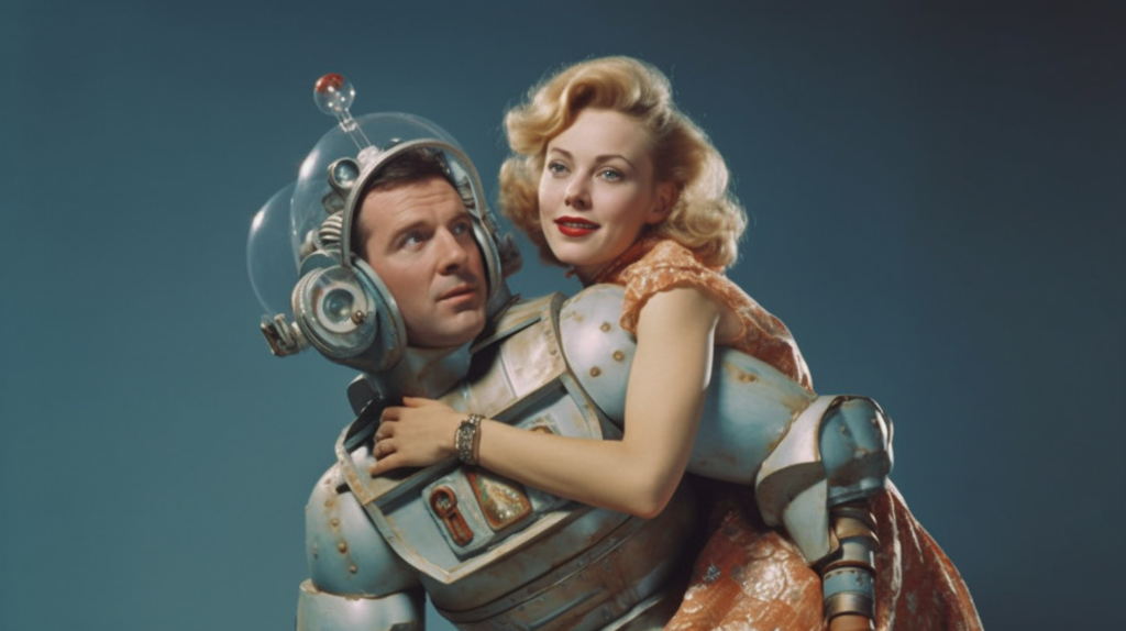 In this image, we see a man and a woman embracing while dressed in elaborate costumes that resemble space suits or armor. The man is wearing a helmet and a suit, while the woman is also wearing a helmet and armor. Both individuals appear to be actors, possibly portraying characters in a cinema or theatrical production. The man has a bracelet on his wrist and the woman is wearing a watch. The colors in the image include shades of gray, brown, and blue. The man appears to be around 45 years old, while the woman looks to be around 33. Their pose suggests a moment of connection or camaraderie.