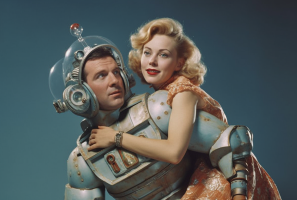 In this image, we see a man and a woman embracing while dressed in elaborate costumes that resemble space suits or armor. The man is wearing a helmet and a suit, while the woman is also wearing a helmet and armor. Both individuals appear to be actors, possibly portraying characters in a cinema or theatrical production. The man has a bracelet on his wrist and the woman is wearing a watch. The colors in the image include shades of gray, brown, and blue. The man appears to be around 45 years old, while the woman looks to be around 33. Their pose suggests a moment of connection or camaraderie.