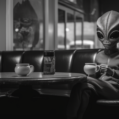 A person is sitting at a table in a dimly lit room, surrounded by darkness. The table is wooden with a cup of coffee placed on it. A lamp with a soft glow is seen in the background. The person is wearing dark clothing and is deep in thought. The atmosphere suggests a late night setting, possibly a quiet moment of reflection. The overall color scheme is monochromatic, with shades of black, white, and gray dominating the scene. The composition conveys a sense of solitude and contemplation.