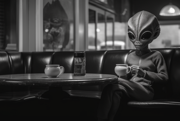 A person is sitting at a table in a dimly lit room, surrounded by darkness. The table is wooden with a cup of coffee placed on it. A lamp with a soft glow is seen in the background. The person is wearing dark clothing and is deep in thought. The atmosphere suggests a late night setting, possibly a quiet moment of reflection. The overall color scheme is monochromatic, with shades of black, white, and gray dominating the scene. The composition conveys a sense of solitude and contemplation.