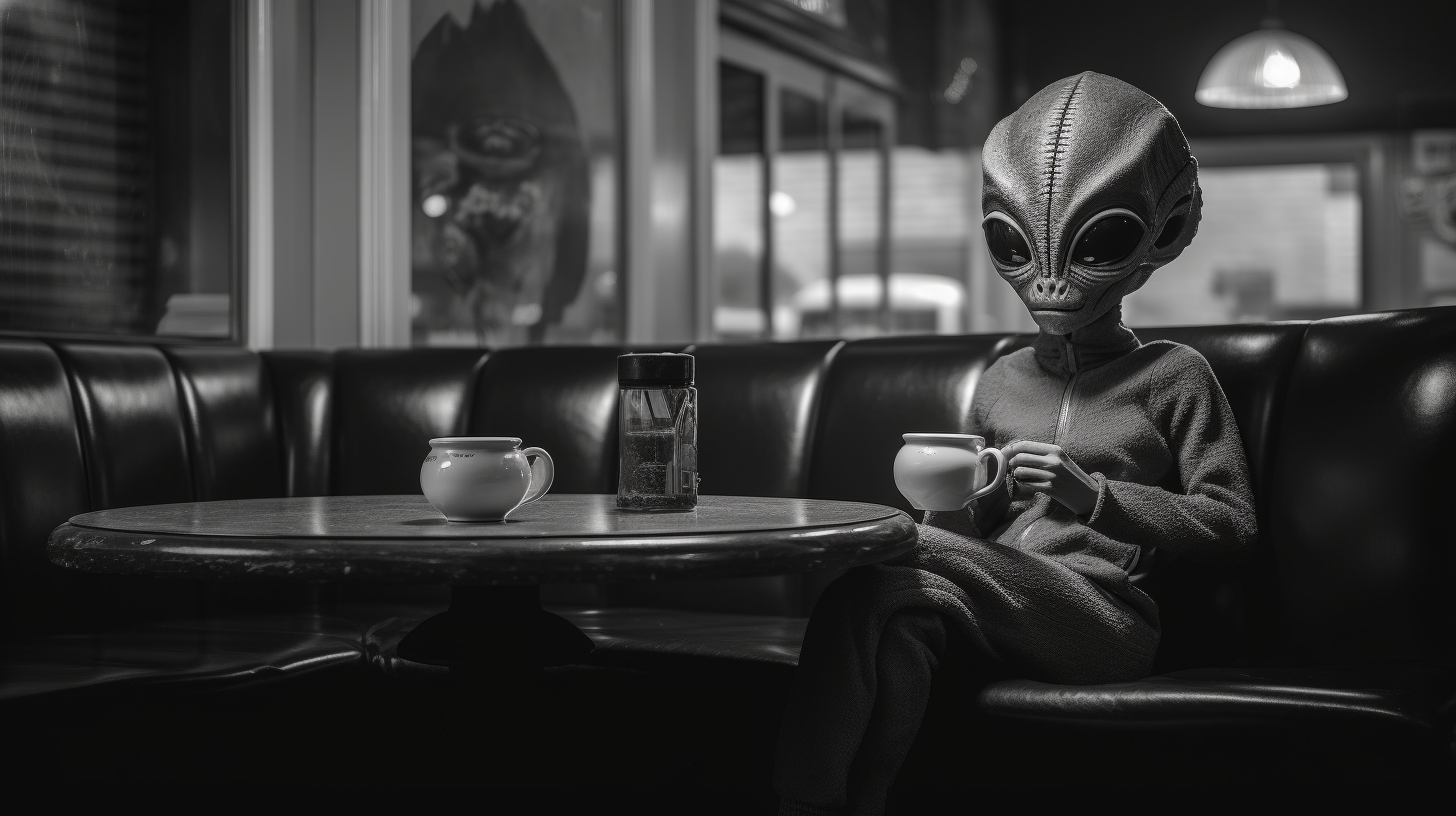 A person is sitting at a table in a dimly lit room, surrounded by darkness. The table is wooden with a cup of coffee placed on it. A lamp with a soft glow is seen in the background. The person is wearing dark clothing and is deep in thought. The atmosphere suggests a late night setting, possibly a quiet moment of reflection. The overall color scheme is monochromatic, with shades of black, white, and gray dominating the scene. The composition conveys a sense of solitude and contemplation.