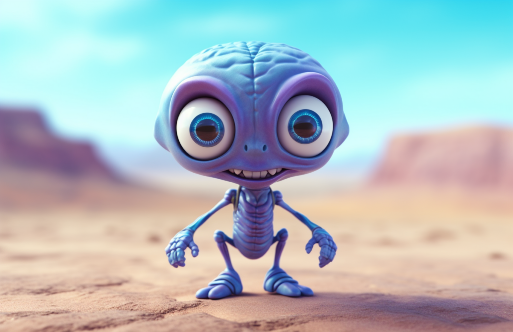 A whimsical cartoon alien is depicted in this image, featuring large, expressive eyes and a prominent nose. The alien is set against a backdrop of a desert landscape, with sandy dunes and a fence visible in the background. The color palette includes shades of blue, pink, and purple, adding to the playful and otherworldly vibe of the scene. The alien''s unique appearance and oversized features make it a standout character, inviting viewers to imagine the fantastical world it inhabits. This image captures a moment of curiosity and wonder, inviting viewers to explore the unknown.