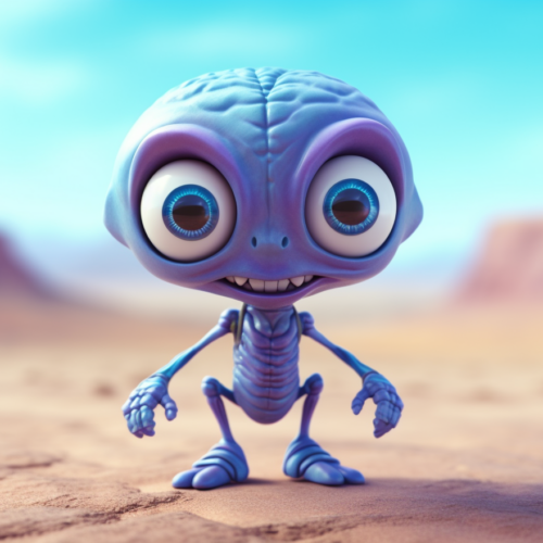 A whimsical cartoon alien is depicted in this image, featuring large, expressive eyes and a prominent nose. The alien is set against a backdrop of a desert landscape, with sandy dunes and a fence visible in the background. The color palette includes shades of blue, pink, and purple, adding to the playful and otherworldly vibe of the scene. The alien''s unique appearance and oversized features make it a standout character, inviting viewers to imagine the fantastical world it inhabits. This image captures a moment of curiosity and wonder, inviting viewers to explore the unknown.