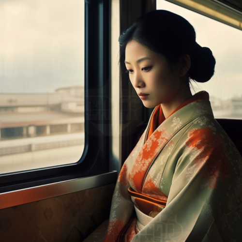 A serene scene unfolds as a young woman in a traditional kimono gazes out of a window, her eyes filled with contemplation. The soft hues of the kimono complement the warm colors of the room, creating a peaceful atmosphere. In the background, a chair sits quietly, adding to the overall tranquility of the setting. The woman''s face, with its youthful features and elegant demeanor, captures a moment of quiet reflection. The image exudes a sense of cultural richness and sophistication, as the woman embodies the grace and beauty of a geisha