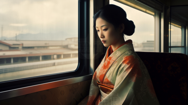 A serene scene unfolds as a young woman in a traditional kimono gazes out of a window, her eyes filled with contemplation. The soft hues of the kimono complement the warm colors of the room, creating a peaceful atmosphere. In the background, a chair sits quietly, adding to the overall tranquility of the setting. The woman''s face, with its youthful features and elegant demeanor, captures a moment of quiet reflection. The image exudes a sense of cultural richness and sophistication, as the woman embodies the grace and beauty of a geisha