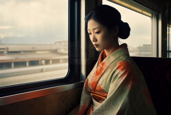 A serene scene unfolds as a young woman in a traditional kimono gazes out of a window, her eyes filled with contemplation. The soft hues of the kimono complement the warm colors of the room, creating a peaceful atmosphere. In the background, a chair sits quietly, adding to the overall tranquility of the setting. The woman''s face, with its youthful features and elegant demeanor, captures a moment of quiet reflection. The image exudes a sense of cultural richness and sophistication, as the woman embodies the grace and beauty of a geisha