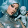 In this image, we see a woman holding a baby doll in her hands. The woman is wearing a silver bodysuit and has a necklace around her neck. She has a serene expression on her face as she gazes at the doll. The background shows a blue curtain, adding a pop of color to the scene. The woman''s outfit and the doll''s delicate features create a contrast in textures, with the silver tones standing out against the soft colors of the doll. The image captures a tender moment between the woman and the doll, evoking a sense of maternal care and affection.