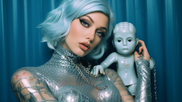 In this image, we see a woman holding a baby doll in her hands. The woman is wearing a silver bodysuit and has a necklace around her neck. She has a serene expression on her face as she gazes at the doll. The background shows a blue curtain, adding a pop of color to the scene. The woman''s outfit and the doll''s delicate features create a contrast in textures, with the silver tones standing out against the soft colors of the doll. The image captures a tender moment between the woman and the doll, evoking a sense of maternal care and affection.