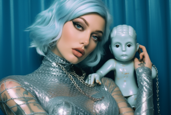 In this image, we see a woman holding a baby doll in her hands. The woman is wearing a silver bodysuit and has a necklace around her neck. She has a serene expression on her face as she gazes at the doll. The background shows a blue curtain, adding a pop of color to the scene. The woman''s outfit and the doll''s delicate features create a contrast in textures, with the silver tones standing out against the soft colors of the doll. The image captures a tender moment between the woman and the doll, evoking a sense of maternal care and affection.