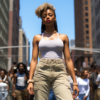 A young woman is walking down a bustling city street on a sunny day. She is wearing a white tank top and khaki pants. Around her neck, she is wearing a silver necklace, and she has a bracelet on each wrist. In her left hand, she is carrying a cell phone. Her outfit is casual yet stylish, perfect for a day out in the city. The street is lined with buildings, and there are other people walking around her. The scene captures the energy and vibrancy of urban life.
