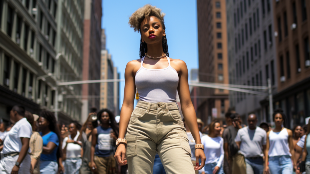A young woman is walking down a bustling city street on a sunny day. She is wearing a white tank top and khaki pants. Around her neck, she is wearing a silver necklace, and she has a bracelet on each wrist. In her left hand, she is carrying a cell phone. Her outfit is casual yet stylish, perfect for a day out in the city. The street is lined with buildings, and there are other people walking around her. The scene captures the energy and vibrancy of urban life.