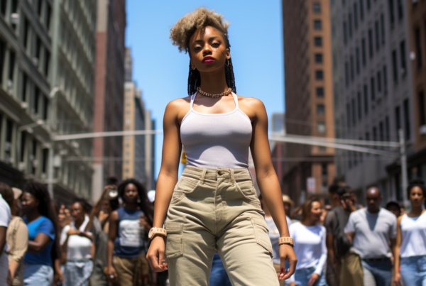 A young woman is walking down a bustling city street on a sunny day. She is wearing a white tank top and khaki pants. Around her neck, she is wearing a silver necklace, and she has a bracelet on each wrist. In her left hand, she is carrying a cell phone. Her outfit is casual yet stylish, perfect for a day out in the city. The street is lined with buildings, and there are other people walking around her. The scene captures the energy and vibrancy of urban life.