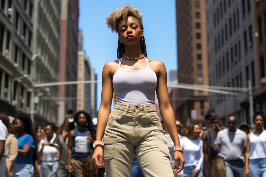 A young woman is walking down a bustling city street on a sunny day. She is wearing a white tank top and khaki pants. Around her neck, she is wearing a silver necklace, and she has a bracelet on each wrist. In her left hand, she is carrying a cell phone. Her outfit is casual yet stylish, perfect for a day out in the city. The street is lined with buildings, and there are other people walking around her. The scene captures the energy and vibrancy of urban life.