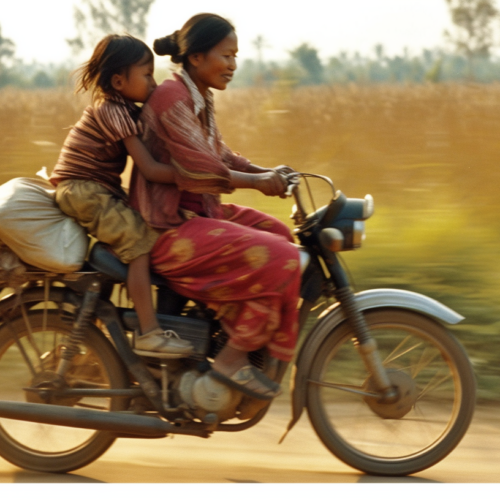 A couple is riding a motorcycle on a dirt road. The motorcycle is the main subject, prominently featured in the center of the image. The man is driving, wearing sneakers, while the woman is seated behind him, wearing slippers. Both individuals are fully visible and engaged in the ride. The scene suggests a leisurely ride through a rural area, with water visible in the background. The colors in the image are mostly earth tones, with the motorcycle standing out in shades of brown and beige. The overall mood is relaxed and adventurous.