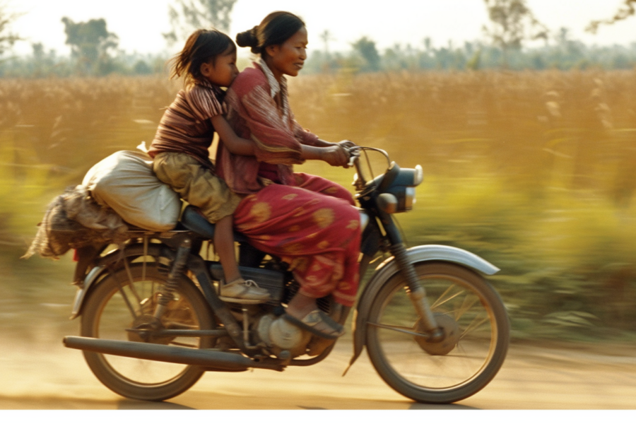 A couple is riding a motorcycle on a dirt road. The motorcycle is the main subject, prominently featured in the center of the image. The man is driving, wearing sneakers, while the woman is seated behind him, wearing slippers. Both individuals are fully visible and engaged in the ride. The scene suggests a leisurely ride through a rural area, with water visible in the background. The colors in the image are mostly earth tones, with the motorcycle standing out in shades of brown and beige. The overall mood is relaxed and adventurous.