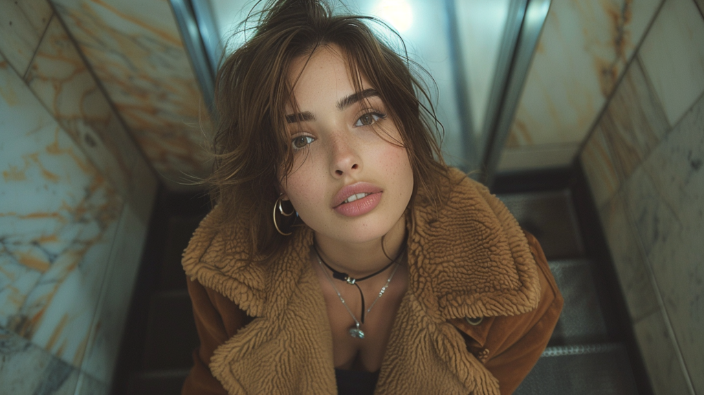 A young woman with long brown hair is standing in an elevator wearing a stylish brown jacket. She is also wearing a beautiful necklace that hangs elegantly around her neck. The elevator is well-lit, highlighting her outfit and accessories. In the background, we can see some buttons and a panel typical of elevator interiors. The woman appears confident and poised, exuding a sense of sophistication. Her expression is neutral, and she seems to be waiting patiently. The overall scene is calm and composed, capturing a moment of everyday life in a public space.