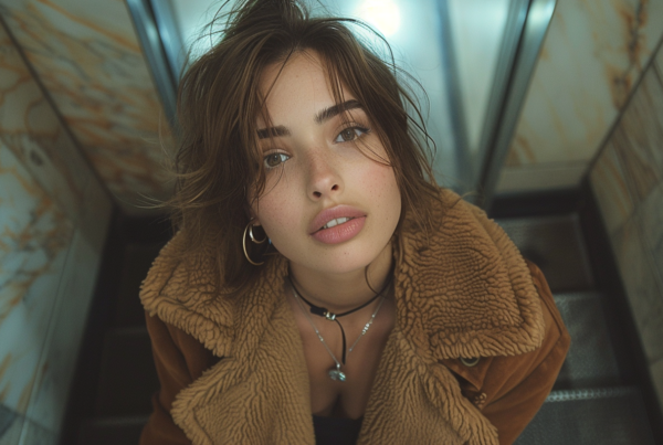 A young woman with long brown hair is standing in an elevator wearing a stylish brown jacket. She is also wearing a beautiful necklace that hangs elegantly around her neck. The elevator is well-lit, highlighting her outfit and accessories. In the background, we can see some buttons and a panel typical of elevator interiors. The woman appears confident and poised, exuding a sense of sophistication. Her expression is neutral, and she seems to be waiting patiently. The overall scene is calm and composed, capturing a moment of everyday life in a public space.
