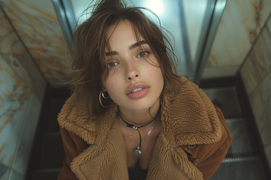 A young woman with long brown hair is standing in an elevator wearing a stylish brown jacket. She is also wearing a beautiful necklace that hangs elegantly around her neck. The elevator is well-lit, highlighting her outfit and accessories. In the background, we can see some buttons and a panel typical of elevator interiors. The woman appears confident and poised, exuding a sense of sophistication. Her expression is neutral, and she seems to be waiting patiently. The overall scene is calm and composed, capturing a moment of everyday life in a public space.