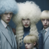 In this image, we see a group of people wearing wigs and showcasing a variety of hairstyles. The individuals in the image include a man with a blue wig and a white suit, a young boy with blonde hair, and a woman with white hair and a blue turtleneck. The man with the blue wig is standing alongside a young boy with blonde hair and a girl with blue eyes. The image captures a playful and colorful scene, highlighting the diversity of hairstyles and fashion choices among the group of people.