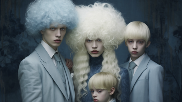 In this image, we see a group of people wearing wigs and showcasing a variety of hairstyles. The individuals in the image include a man with a blue wig and a white suit, a young boy with blonde hair, and a woman with white hair and a blue turtleneck. The man with the blue wig is standing alongside a young boy with blonde hair and a girl with blue eyes. The image captures a playful and colorful scene, highlighting the diversity of hairstyles and fashion choices among the group of people.