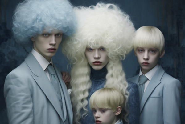 In this image, we see a group of people wearing wigs and showcasing a variety of hairstyles. The individuals in the image include a man with a blue wig and a white suit, a young boy with blonde hair, and a woman with white hair and a blue turtleneck. The man with the blue wig is standing alongside a young boy with blonde hair and a girl with blue eyes. The image captures a playful and colorful scene, highlighting the diversity of hairstyles and fashion choices among the group of people.