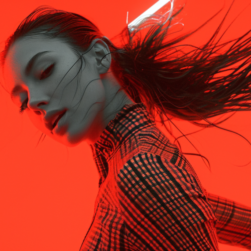 The image depicts a woman with long red hair standing in a room with red walls. She is wearing a black and white checkered shirt. The room has a vibrant red color scheme, creating a bold and striking backdrop for the woman. Her long hair flows down her back, adding a sense of movement to the image. The overall composition is artistic and visually captivating, with the contrast between the woman''s red hair and the red room creating a visually appealing aesthetic. The image conveys a sense of mystery and elegance, drawing the viewer''s attention to the woman''s striking appearance